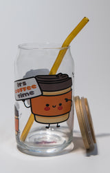 Coffee Time Print Glass Cup – 16 oz. for Coffee Lovers